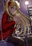 1girl absurdres black_legwear blonde_hair building cityscape ereshkigal_(fate) fate/grand_order fate_(series) hair_ribbon highres jacket lamppost long_hair long_sleeves night outdoors pantyhose plaid plaid_scarf red_eyes red_jacket red_ribbon ribbon scarf solo toukan two_side_up very_long_hair 