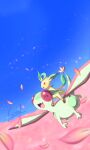  absurdres blue_sky blush closed_eyes commentary_request day fangs field flower flower_field flygon happy highres leafeon looking_up no_humans open_mouth outdoors petals pokemon pokemon_(creature) riding riding_pokemon sissel0104 sky tongue 