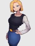  1girl android_18 belt black_shirt blonde_hair blue_eyes blue_shorts brown_belt closed_mouth collarbone dragon_ball dragon_ball_z earrings grey_background hand_on_hip jewelry kemachiku long_sleeves looking_at_viewer pantyhose shirt short_hair shorts simple_background solo striped striped_sleeves 