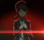  1girl :o asahina_aoi bangs black_background black_jacket brown_hair brown_necktie collared_shirt danganronpa_(series) danganronpa_3_(anime) eyebrows_visible_through_hair grey_shirt hands_up jacket multicolored_background necktie official_alternate_costume own_hands_together ponytail qosic red_background shirt solo upper_body 