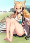  &gt;:) 1girl animal_ear_fluff animal_ears arknights armor bangs bare_legs barefoot black_shorts blonde_hair blue_sky character_name clouds commentary_request day dress eyebrows_visible_through_hair grass headset highres knees_up long_hair looking_at_viewer nearl_(arknights) nearl_the_radiant_knight_(arknights) outdoors short_shorts shorts shoulder_armor sitting sky smile solo thighs v-shaped_eyebrows vambraces white_dress yamauchi_(conan-comy) yellow_eyes 