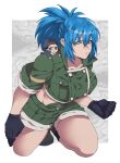  1boy 1girl bangs black_gloves blue_eyes blue_hair chibi clenched_hand collarbone cov_hal gloves green_jacket green_shorts hay jacket leona_heidern looking_at_viewer military military_uniform original ponytail shorts squatting suspenders the_king_of_fighters uniform 