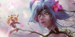  1girl absurdres artist_name bangs branch cherry_blossoms closed_mouth flower green_hair grey_background hair_flower hair_ornament highres holding holding_flower league_of_legends multicolored_hair neeko_(league_of_legends) orange_eyes orange_flower pink_flower pink_hair slit_pupils smile solo winday_(fejh5255) 
