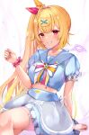  1girl alternate_costume bare_shoulders blonde_hair blush breasts equal_(heartstrings) eyebrows_visible_through_hair hair_ornament hair_ribbon highres hoshikawa_sara long_hair looking_at_viewer navel nijisanji red_eyes ribbon side_ponytail smile virtual_youtuber yellow_eyes 