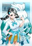  1girl abomasnow bow breasts candice_(pokemon) clothes_around_waist crossed_arms glaceon hand_on_hip highres holding holding_poke_ball miniskirt nabe_saori poke_ball poke_ball_(basic) pokemon pokemon_(creature) skirt smile sneasel snow twintails 