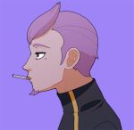  1boy black_jacket cigarette commentary_request eyelashes facial_hair from_side goatee half-closed_eyes jacket jaho lowres male_focus mole mole_under_eye mouth_hold petrel_(pokemon) pokemon pokemon_(game) pokemon_hgss purple_background purple_hair short_hair simple_background solo team_rocket turtleneck turtleneck_jacket upper_body 