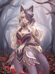  1girl absurdres ahri_(league_of_legends) animal_ears bangs bare_shoulders black_hair black_legwear blonde_hair breasts commentary_request coven_ahri fake_animal_ears field fingernails flower flower_field fox_ears green_eyes hair_over_one_eye heart highres jewelry kitsune large_breasts league_of_legends long_sleeves mouth_hold outdoors pantyhose qin_da_xing red_flower red_rose ring rose sharp_fingernails solo standing tail 