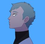  1boy archer_(pokemon) bangs black_shirt blue_background blue_eyes closed_mouth commentary_request from_side frown green_hair jacket jaho lowres male_focus pokemon pokemon_(game) pokemon_hgss shirt short_hair sideways_glance simple_background solo team_rocket upper_body white_jacket 