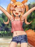  1girl :3 animal_ear_fluff animal_ears armpits arms_up bangs blue_shorts camisole closed_eyes crop_top eyebrows_visible_through_hair gradient_hair grey_hair highres long_hair multicolored_hair navel open_mouth orange_hair original outdoors pink_camisole shimogami_ataru short_shorts shorts solo standing tail twintails 