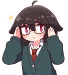  1girl ahoge artist_self-insert bangs bespectacled black-framed_eyewear black_hair blush cardigan collared_shirt commentary_request diagonal-striped_neckwear diagonal_stripes eyebrows_visible_through_hair glasses hair_between_eyes hands_up long_sleeves looking_at_viewer mole mole_under_eye naga_u naga_u-chan necktie original parted_lips puffy_long_sleeves puffy_sleeves red_necktie shirt short_eyebrows simple_background sleeves_past_wrists solo sparkle striped thick_eyebrows upper_body violet_eyes white_background white_shirt 