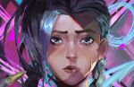  1girl absurdres asymmetrical_bangs bangs blue_eyes braid bullet closed_mouth face highres jinx_(league_of_legends) league_of_legends long_hair looking_at_viewer multicolored_background pink_background portrait shiny shiny_hair solo tears twin_braids winday_(fejh5255) 