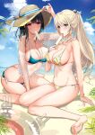  2girls adjusting_clothes adjusting_headwear alternate_hairstyle arm_support ass atago_(kancolle) bangs bare_shoulders barefoot beach bikini black_hair blonde_hair blush bracelet braid breasts butt_crack clouds collarbone day eating eyebrows_visible_through_hair fern fingernails food french_braid hair_ornament hair_ribbon hat hayakawa_akari highres holding holding_food innertube jewelry kantai_collection large_breasts licking long_hair looking_at_viewer medium_hair mouth_hold multiple_girls navel outdoors palm_tree ponytail popsicle ribbon side-tie_bikini sidelocks sitting skindentation sky stomach sun_hat sweat swimsuit takao_(kancolle) thighs tongue tongue_out tree wariza water 