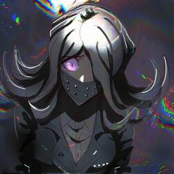  1girl bangs black_jacket breasts collared_shirt crossed_arms danganronpa_(series) danganronpa_3_(anime) dated_commentary dress_shirt flipped_hair glowing glowing_eye gradient gradient_background grey_background grey_hair hair_over_one_eye jacket kimura_seiko large_breasts long_hair mask mouth_mask multicolored_background qosic shiny shiny_hair shirt slit_pupils solo upper_body violet_eyes 