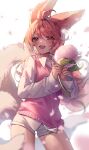  1girl animal_ears bangs blurry blurry_foreground blush branch collared_shirt copyright_request cowboy_shot fang highres long_hair long_sleeves messy_hair open_mouth petals shiro_albino shirt shorts sidelocks skin_fang smile solo standing tail thighs white_background 