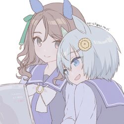  2girls :d animal_ears bangs black_shirt blue_eyes bow brown_eyes brown_hair closed_mouth dated eyebrows_visible_through_hair flower grey_hair hair_between_eyes hair_flower hair_ornament hairclip horse_ears king_halo_(umamusume) koruri long_sleeves lowres multiple_girls school_uniform seiun_sky_(umamusume) shirt simple_background smile tracen_school_uniform twitter_username umamusume upper_body white_background white_bow yellow_flower 