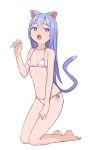  1girl animal_ears bangs bare_arms bare_legs bare_shoulders barefoot bikini blush breasts cat_ears cat_girl cat_tail claw_pose eyebrows_visible_through_hair full_body hair_between_eyes hand_up kneeling long_hair navel open_mouth original purple_hair saiste side-tie_bikini simple_background small_breasts solo sweat swimsuit tail tail_raised very_long_hair violet_eyes white_background white_bikini 