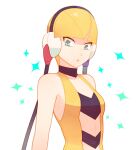  1girl bangs bare_arms blonde_hair blunt_bangs closed_mouth collarbone commentary_request elesa_(pokemon) green_eyes headphones jaho pokemon pokemon_(game) pokemon_bw shiny shiny_hair short_hair simple_background sleeveless solo sparkle upper_body white_background 