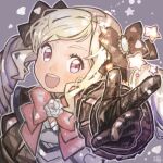  1girl bangs blonde_hair bow drill_hair elise_(fire_emblem) fire_emblem fire_emblem_fates flower gloves long_hair looking_at_viewer outstretched_arm ribbon sanmamaguro solo twin_drills upper_body violet_eyes 