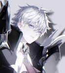  1boy bangs black_coat blade blue_eyes charles-henri_sanson_(fate) closed_mouth coat collared_shirt fate/grand_order fate_(series) hair_between_eyes highres jacket koshika_rina male_focus necktie shirt short_hair solo white_hair white_shirt 