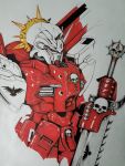  auri_(aurimas_jucy) chainsaw english_commentary gundam highres marker_(medium) mecha mecha_request mobile_suit no_humans red_eyes skull solo spikes sword traditional_media v-fin warhammer_40k weapon white_background 