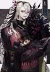  1boy ashiya_douman_(fate) asymmetrical_hair black_eyes black_hair bouquet braid curly_hair earrings fate/grand_order fate_(series) hair_between_eyes hair_ornament highres holding jewelry long_hair magatama magatama_earrings male_focus mg_(ehme3725) multicolored_hair two-tone_hair very_long_hair white_hair 