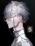  1boy bangs bespectacled chain charles-henri_sanson_(fate) closed_mouth collar fate/grand_order fate_(series) from_side glasses hair_between_eyes highres koshika_rina male_focus profile round_eyewear short_hair solo white_collar white_hair 