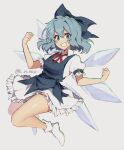  1girl artist_name blue_bow blue_dress blue_eyes blue_hair blush bobby_socks bow breasts chromatic_aberration cirno clenched_hands collared_shirt dress eyebrows_visible_through_hair frills full_body grey_background grin hair_between_eyes hair_bow hands_up highres ice ice_wings kuroshirase looking_at_viewer medium_hair petticoat pinafore_dress puffy_short_sleeves puffy_sleeves red_neckwear red_ribbon ribbon shirt short_sleeves simple_background small_breasts smile socks solo touhou v-shaped_eyebrows white_legwear wings 