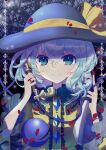  1girl abstract_background absurdres eyebrows_behind_hair green_eyes green_hair hair_between_eyes hat highres holding holding_phone komeiji_koishi long_hair looking_at_viewer phone solo third_eye touhou tsukikusa upper_body 