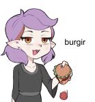  1girl amba_si amity_blight black_nails black_shirt brown_eyes burger cheese food lettuce long_sleeves pointy_ears purple_hair shadow shirt short_hair simple_background solo the_owl_house tomato upper_body white_background 