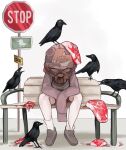  1boy bench bird crow danganronpa_(series) danganronpa_another_episode:_ultra_despair_girls despair_sauce food highres kemuri_jatarou loafers long_sleeves looking_at_viewer loose_socks mask meat park_bench patches patchwork_clothes road_sign shoes sign sitting stop_sign 