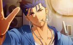  1boy akujiki59 alley blue_hair blue_jacket cigarette cu_chulainn_(fate) cu_chulainn_(fate/stay_night) earrings fate/grand_order fate/stay_night fate_(series) jacket jewelry long_hair male_focus necklace open_mouth ponytail red_eyes shirt smile smoking solo white_shirt 