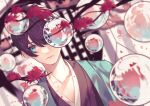  1boy aqua_eyes aqua_jacket bangs blue_eyes blurry blurry_background blurry_foreground branch brown_hair brown_kimono closed_mouth collarbone commentary depth_of_field dutch_angle flower hair_over_one_eye haori hinata_1309 jacket japanese_clothes kimono looking_at_viewer male_focus one_eye_covered orb original petals red_flower reflection refraction short_hair solo symbol-only_commentary upper_body 