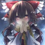  1girl ascot bangs blush bow cold commentary_request detached_sleeves eyelashes fog frilled_hair_tubes frilled_shirt_collar frills hair_between_eyes hair_bow hair_tubes hakurei_reimu hand_to_own_mouth highres long_hair long_sleeves looking_at_viewer open_mouth outdoors red_bow red_vest ribbon-trimmed_sleeves ribbon_trim scarf sidelocks snowing solo standing tangusuten tongue touhou upper_body vest wide_sleeves winter yellow_ascot yellow_scarf 