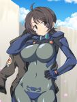  1girl 547th_sy ass_visible_through_thighs bangs breasts brown_eyes brown_jacket covered_navel fortified_suit hair_behind_ear hand_on_hip head_tilt highres holding holding_clothes holding_jacket jacket jacket_over_shoulder jacket_removed large_breasts looking_to_the_side muvluv muvluv_alternative muvluv_alternative_(anime) petals pilot_suit sakazaki_miyako short_hair skin_tight smile 