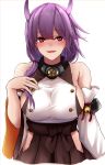  1girl absurdres asahina_tou azur_lane bare_shoulders blush breasts brown_skirt collar detached_sleeves eyebrows_visible_through_hair highres junyou_(azur_lane) looking_at_viewer medium_breasts metal_collar sakuramon sideboob simple_background skirt solo upper_body violet_eyes white_background wide_sleeves 