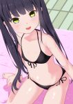  1girl awums bangs barefoot bikini black_bikini black_hair blue_archive blunt_bangs breasts green_eyes highres long_hair looking_at_viewer navel open_mouth shun_(blue_archive) side-tie_bikini sitting small_breasts smile solo swimsuit thighs towel twintails 