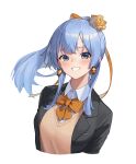  1girl :d absurdres blue_eyes blue_hair blush bow bowtie character_request copyright_request earrings eyebrows eyebrows_visible_through_hair flower hair_bow hair_flower hair_ornament hair_ribbon highres jewelry long_hair looking_at_viewer orange_bow orange_ribbon ponytail ribbon school_uniform smile solo sooon teeth uniform upper_body 