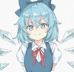  1girl bangs blue_bow blue_eyes blue_hair blue_vest bow cirno closed_mouth detached_wings eyebrows_visible_through_hair hair_between_eyes hair_bow ice ice_wings looking_at_viewer medium_hair neck_ribbon noise paragasu_(parags112) red_ribbon ribbon shirt short_sleeves simple_background smile solo touhou upper_body vest white_background white_shirt wings 