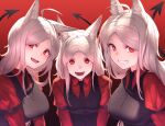 3girls animal_ears bangs breasts cerberus_(helltaker) demon_girl demon_tail dog_ears dog_girl helltaker highres itaco long_hair looking_at_viewer multiple_girls necktie open_mouth red_background red_eyes shirt silver_hair simple_background smile tail teeth upper_body vest_over_shirt white_hair 