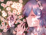  1girl black_ribbon blood blood_on_hands blue_hair blurry blurry_background close-up closed_mouth crying cuts daisy flower from_side hair_ornament hairclip highres injury kofumi_(nxme5555) long_sleeves neck_ribbon re:zero_kara_hajimeru_isekai_seikatsu rem_(re:zero) ribbon solo white_flower 