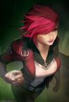  1girl arcane:_league_of_legends bandaged_arm bandages breasts clenched_hand facial_tattoo freckles green_eyes highres jacket kopianget league_of_legends medium_breasts nose_piercing open_clothes open_jacket piercing pink_hair short_hair short_sleeves sidecut solo tattoo vi_(league_of_legends) 