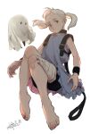  1girl bandaged_leg bandages bangs_pinned_back bare_shoulders barefoot black_collar bloomers closed_mouth collar cuffs dated dress feet fio_(nier) full_body grey_eyes hanpen_(higepiyo) long_hair looking_at_viewer mama_(nier) nier_(series) nier_reincarnation simple_background sleeveless sleeveless_dress twintails underwear white_background white_dress 