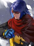  1boy asymmetrical_gloves biker_clothes black_gloves black_jacket blue_gloves blue_hair cape gloves goggles hand_up highres jacket krohnen long_sleeves medium_hair multicolored_clothes multicolored_jacket oni_gini padded_gloves red_goggles solo the_king_of_fighters the_king_of_fighters_xv torn_cape torn_clothes upper_body yellow_jacket 