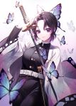 1girl absurdres belt belt_buckle black_hair black_jacket black_pants blue_butterfly blurry blurry_foreground buckle bug butterfly butterfly_hair_ornament closed_mouth commentary_request gradient_hair hair_intakes hair_ornament haori highres holding holding_sword holding_weapon jacket japanese_clothes katana kimetsu_no_yaiba kochou_shinobu long_jacket looking_at_viewer military military_jacket military_uniform multicolored_hair naru_0 pants purple_hair revision shiny shiny_hair short_hair sleeveless sleeveless_jacket smile solo standing sword uniform violet_eyes weapon white_background white_belt 