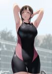  1girl armpits arms_behind_head black_swimsuit blurry blurry_background breasts brown_hair commentary_request jonsun looking_to_the_side mami_(jonsun) medium_breasts mole mole_under_eye one-piece_swimsuit original short_hair solo swimsuit thigh_gap thighs twitter_username violet_eyes wet wet_hair 