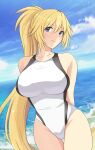  1girl arm_behind_back beach blonde_hair blue_eyes breasts competition_swimsuit cowboy_shot dutch_angle fate/apocrypha fate/grand_order fate_(series) highres horizon jeanne_d&#039;arc_(fate) jeanne_d&#039;arc_(fate/apocrypha) jeanne_d&#039;arc_(swimsuit_archer)_(fate) large_breasts long_hair ocean one-piece_swimsuit pachio ponytail solo swimsuit waves white_swimsuit 