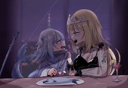  2girls bangs blonde_hair blue_eyes blue_hair blush city_lights cup drinking_glass fish fish_tail food fruit gawr_gura highres hololive hololive_english lemon lemon_slice long_hair multicolored_hair multiple_girls open_mouth plate shark_tail sharp_teeth shirt_grab silver_hair streaked_hair sushi_sa6 tail teeth virtual_youtuber watson_amelia window 