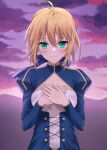  1girl absurdres ahoge artoria_pendragon_(fate) bangs blonde_hair blue_dress blue_ribbon blush closed_mouth clothing_cutout clouds dress eyebrows_visible_through_hair fate/stay_night fate_(series) green_eyes hair_between_eyes hair_ribbon hands_on_own_chest highres juliet_sleeves long_sleeves looking_at_viewer outdoors puffy_sleeves purple_sky ribbon saber short_hair sidelocks sky smile solo upper_body yuyuenimo 