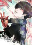  2boys absurdres arima_kishou bangs black_hair black_jacket black_reaper commentary_request gloves grey_background hand_up highres jacket kaneki_ken kyuuba_melo multicolored_background multiple_boys parted_lips red_background red_eyes red_gloves short_hair solo_focus teeth tokyo_ghoul tokyo_ghoul:re upper_body 