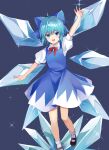  1girl :d absurdres arm_up bangs black_footwear blue_background blue_bow blue_dress blue_eyes blue_hair blush bow cirno cirno_day collared_shirt dress eyebrows_visible_through_hair frog frozen_frog full_body hair_bow highres ice ice_wings koizumo looking_at_viewer open_mouth pinafore_dress puffy_short_sleeves puffy_sleeves red_neckwear shirt short_hair short_sleeves simple_background smile solo touhou white_legwear white_shirt wings 